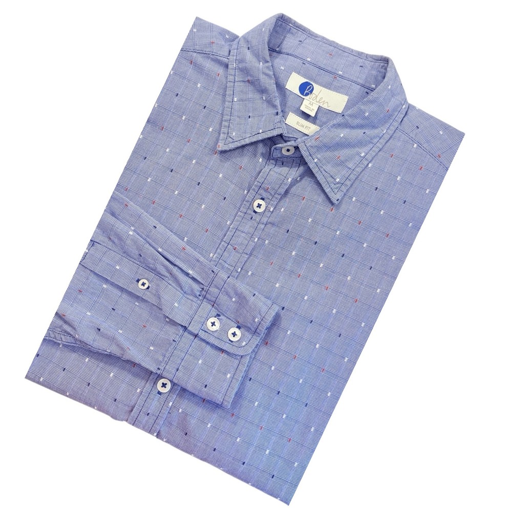 Boden Men's Slim Fit Cotton Button Down Shirt Blue Micro Check Embroidered M‎